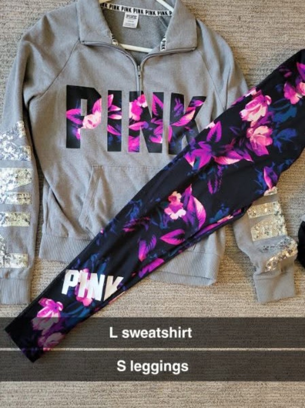 PINK Victoria's Secret Bling htf rare Gray Sweatshirt & Black Floral Joggers Set